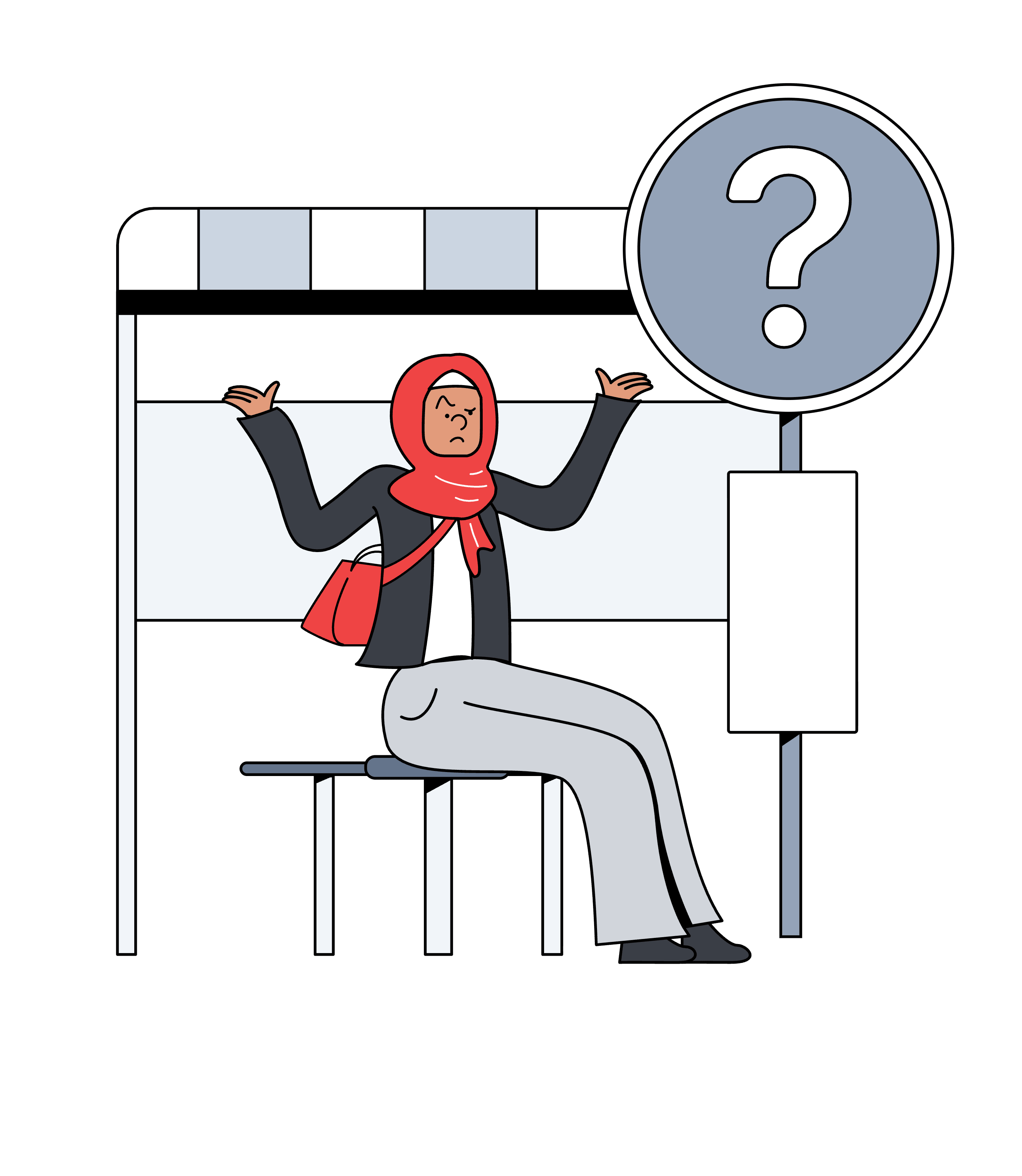 Illustration of a person sitting at a bus stop, shrugging in confusion beside a large question mark sign