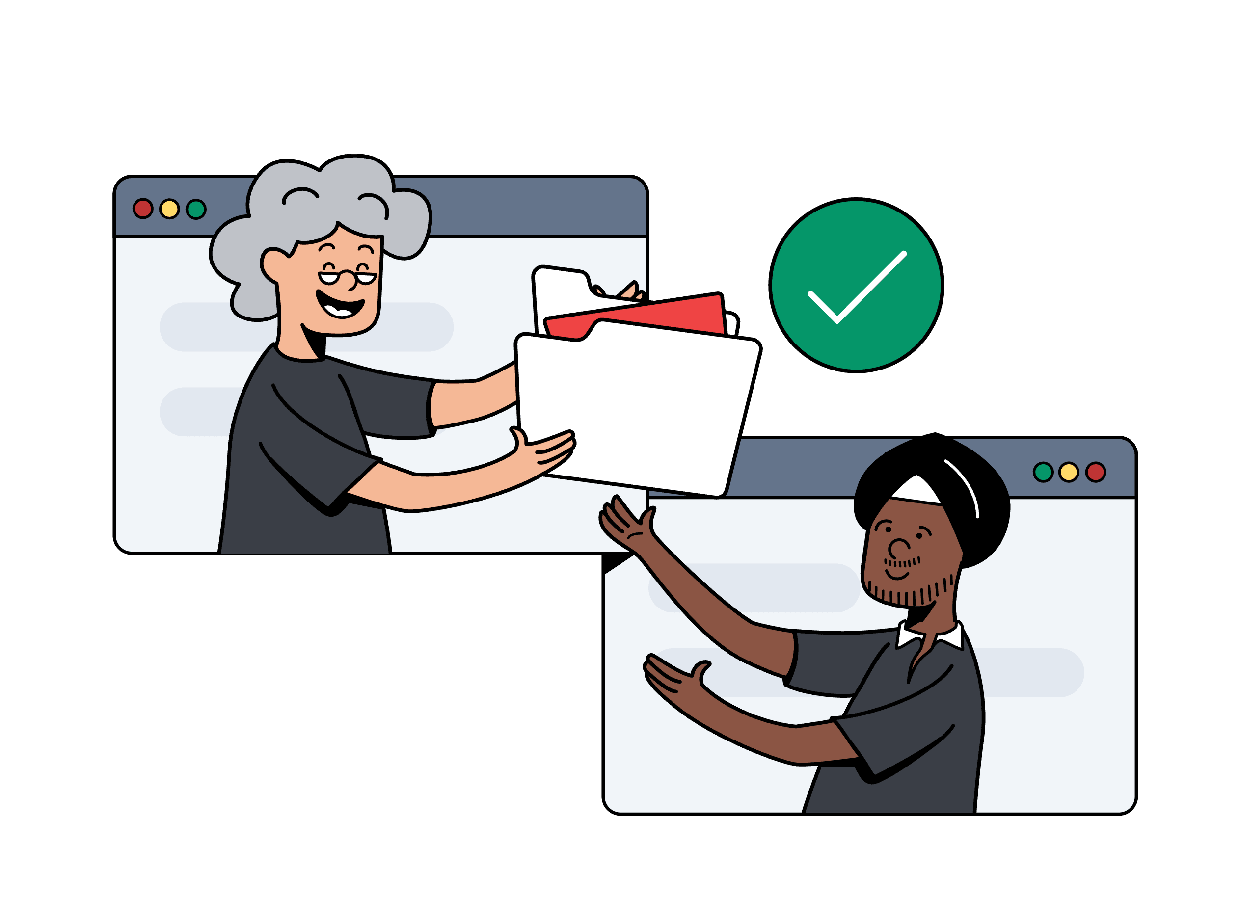 Illustration of two people handing off a folder between them, with a green checkmark above