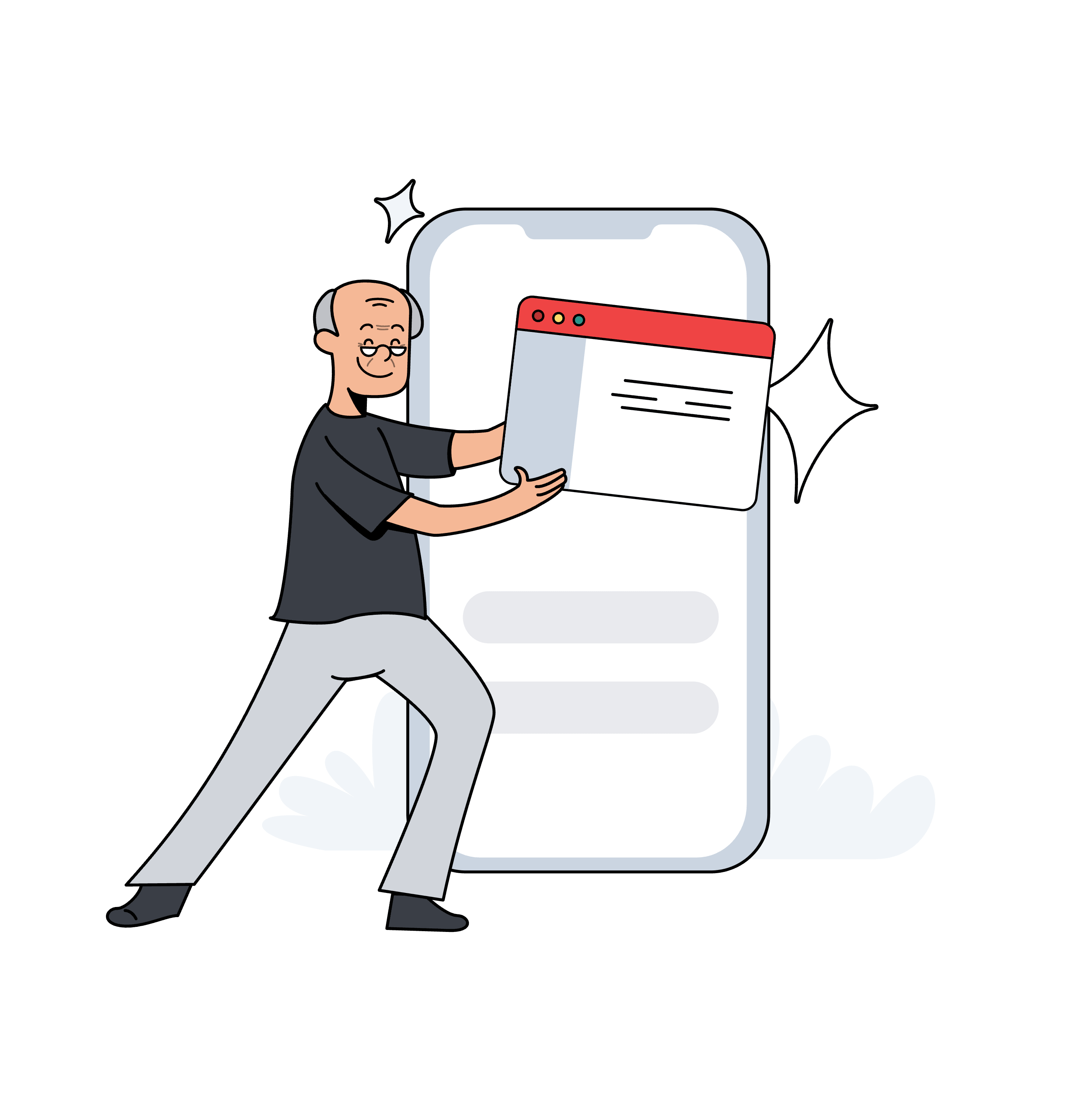 Illustration of a person confidently interacting with a browser window emerging from a smartphone screen