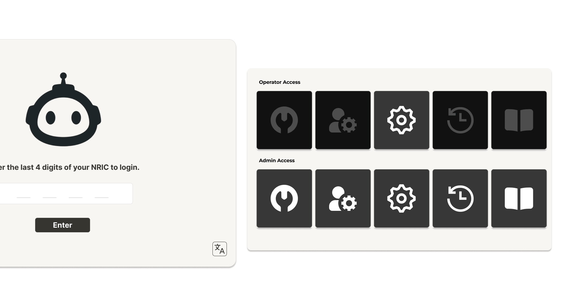 Login screen for role-based access, next to a grid of enabled and disabled icons comparing operator and admin access