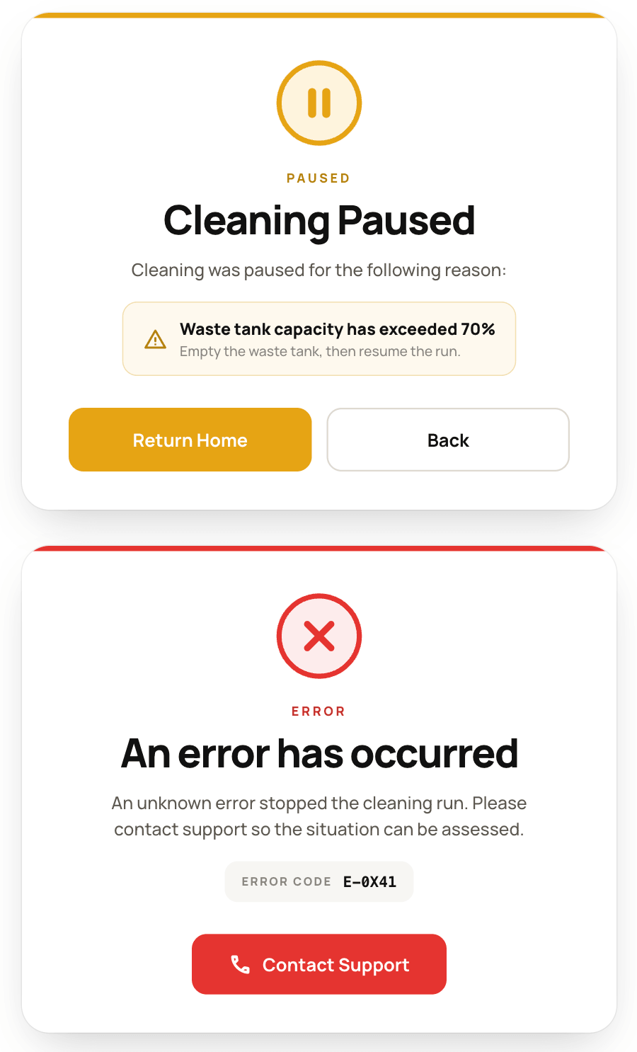 Two stacked robot-screen status cards: 'Cleaning Paused' showing a waste-tank-capacity warning with Return Home and Back buttons, and 'An error has occurred' showing an error code and a Contact Support button