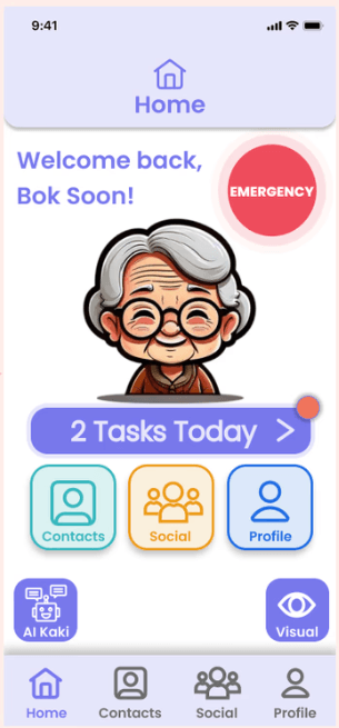 Home screen after: AI Kaki and Visual Aid buttons added above the bottom nav