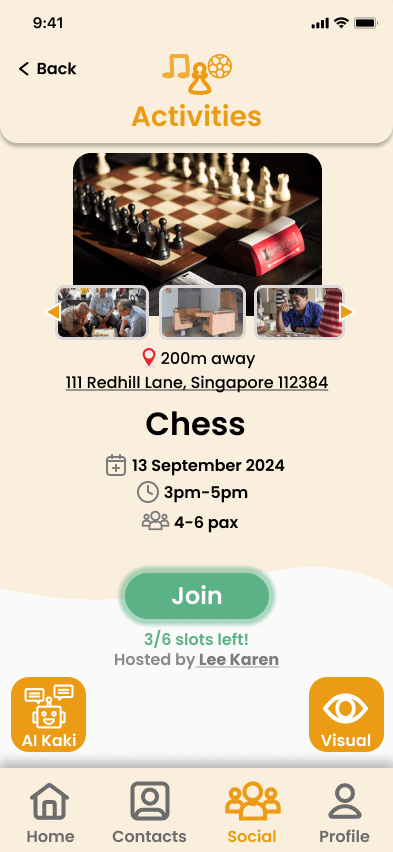 New activity detail screen showing photos, location, slots remaining, and the host, with a Join button