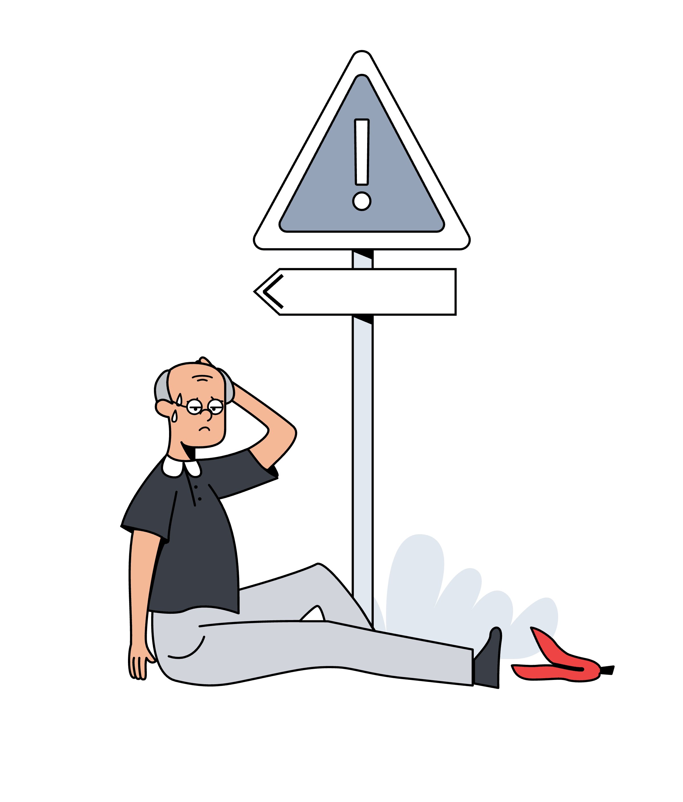 Illustration of an elderly man who has fallen next to a warning sign, holding his head