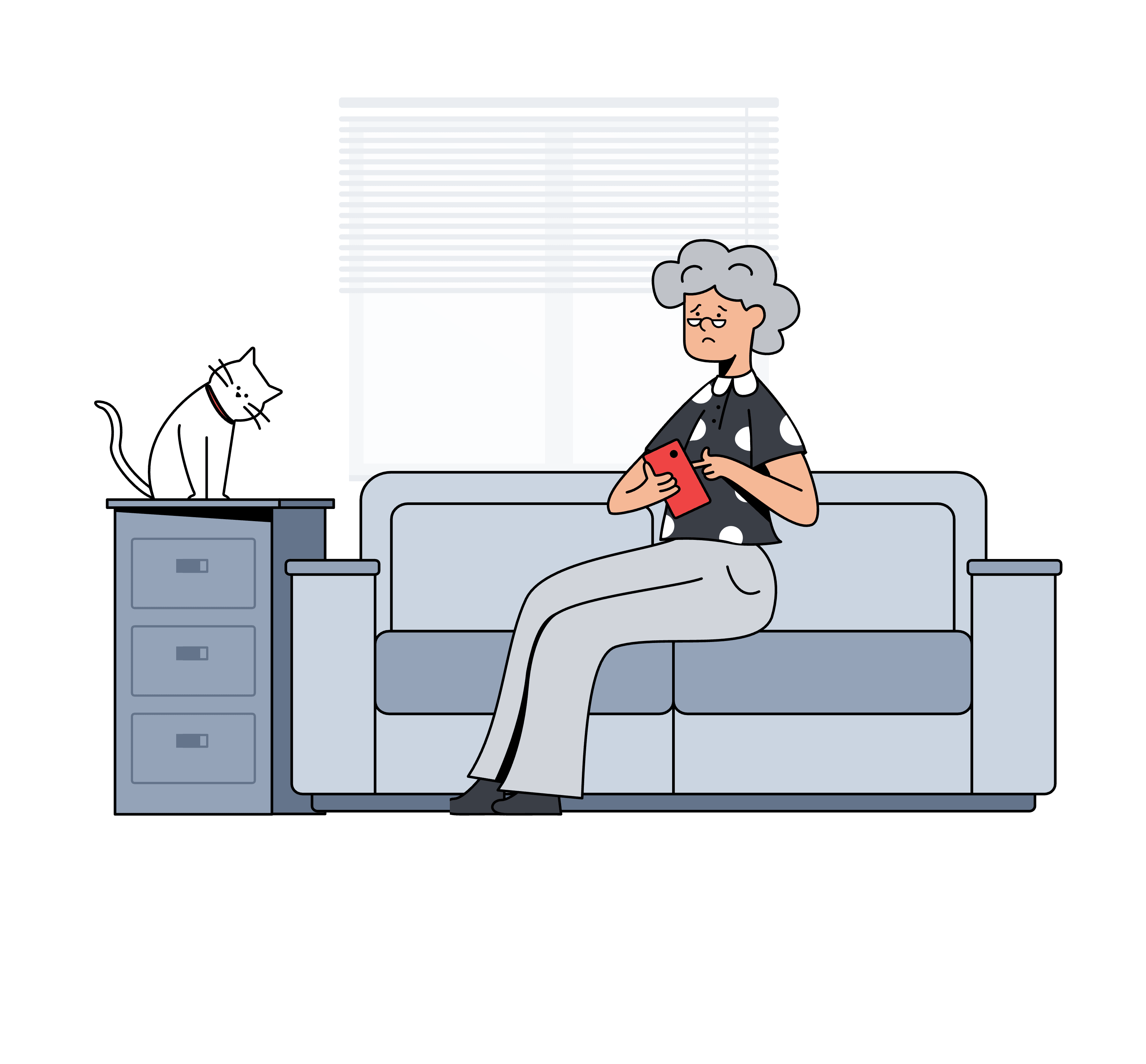 Illustration of an elderly woman on a sofa, looking puzzled at her smartphone while her cat watches
