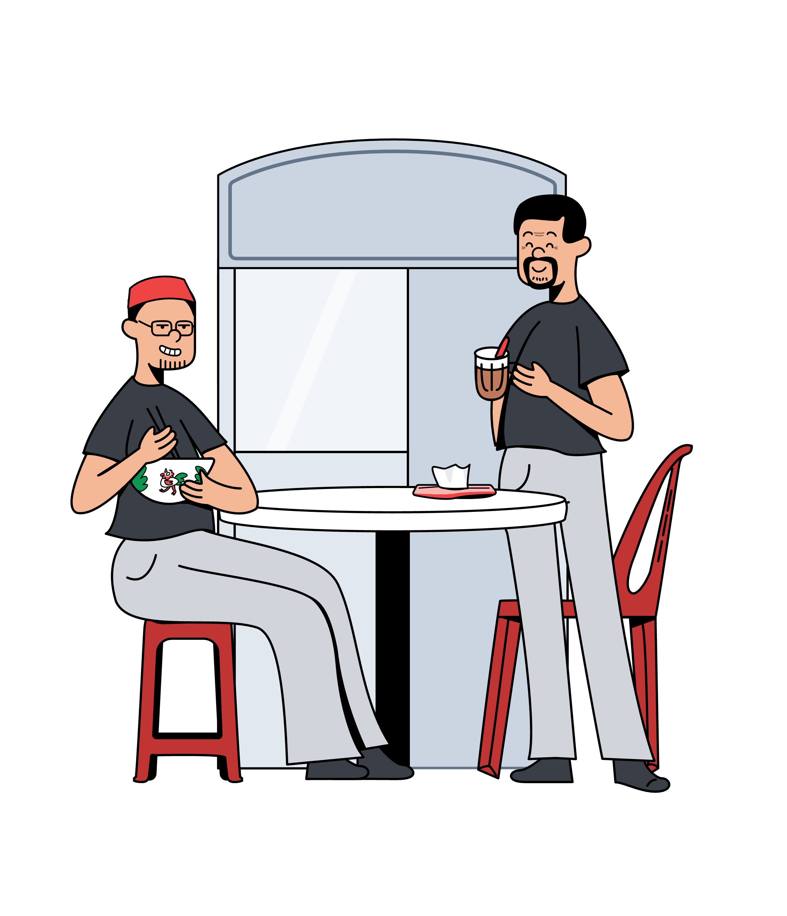 Illustration of two men chatting over drinks and a bowl of noodles at a hawker centre table